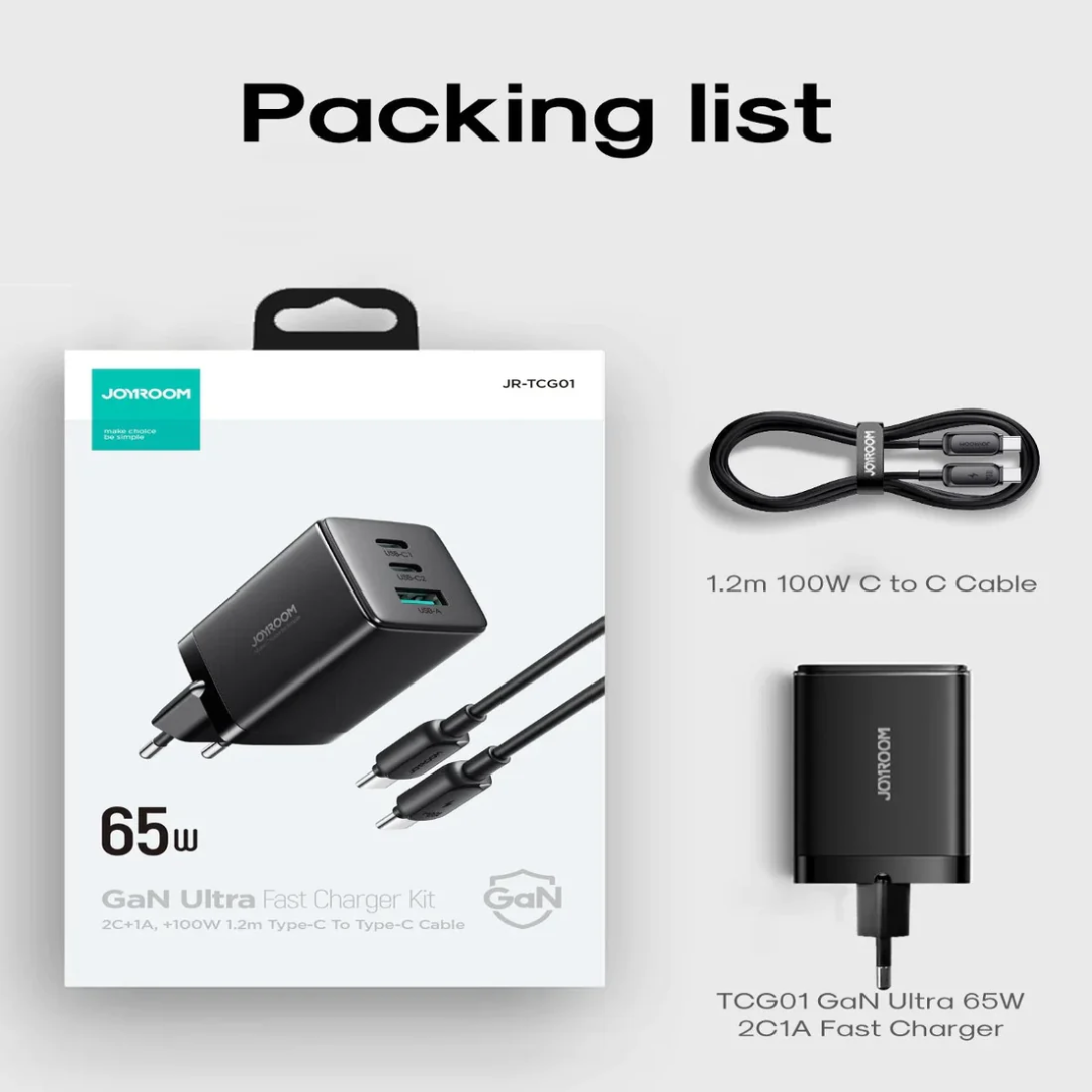 Joyroom JR‑TCG01 65W GaN Ultra Fast Charger + 100W USB‑C Cable