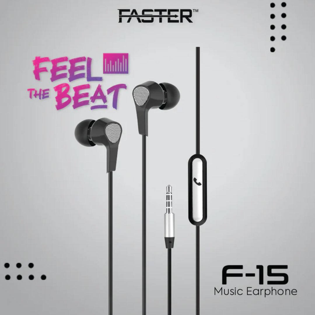 FASTER F15 Universal Music Earphones with Mic – Wired Stereo Sound
