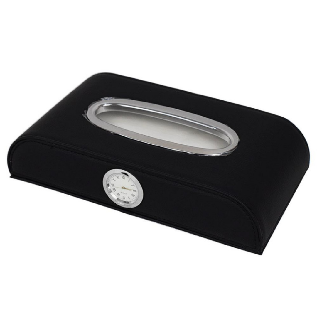 Car Tissue Box with Clock – Black