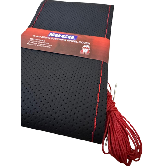 Sogo Universal Leather Steering Wheel Cover Black – Hand-Stitched with Red Thread & Needle