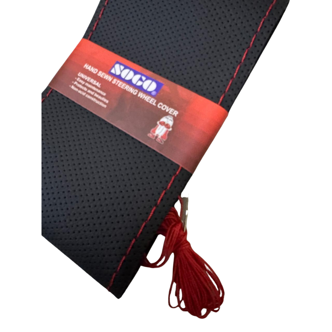 Sogo Universal Leather Steering Wheel Cover Black – Hand-Stitched with Red Thread & Needle