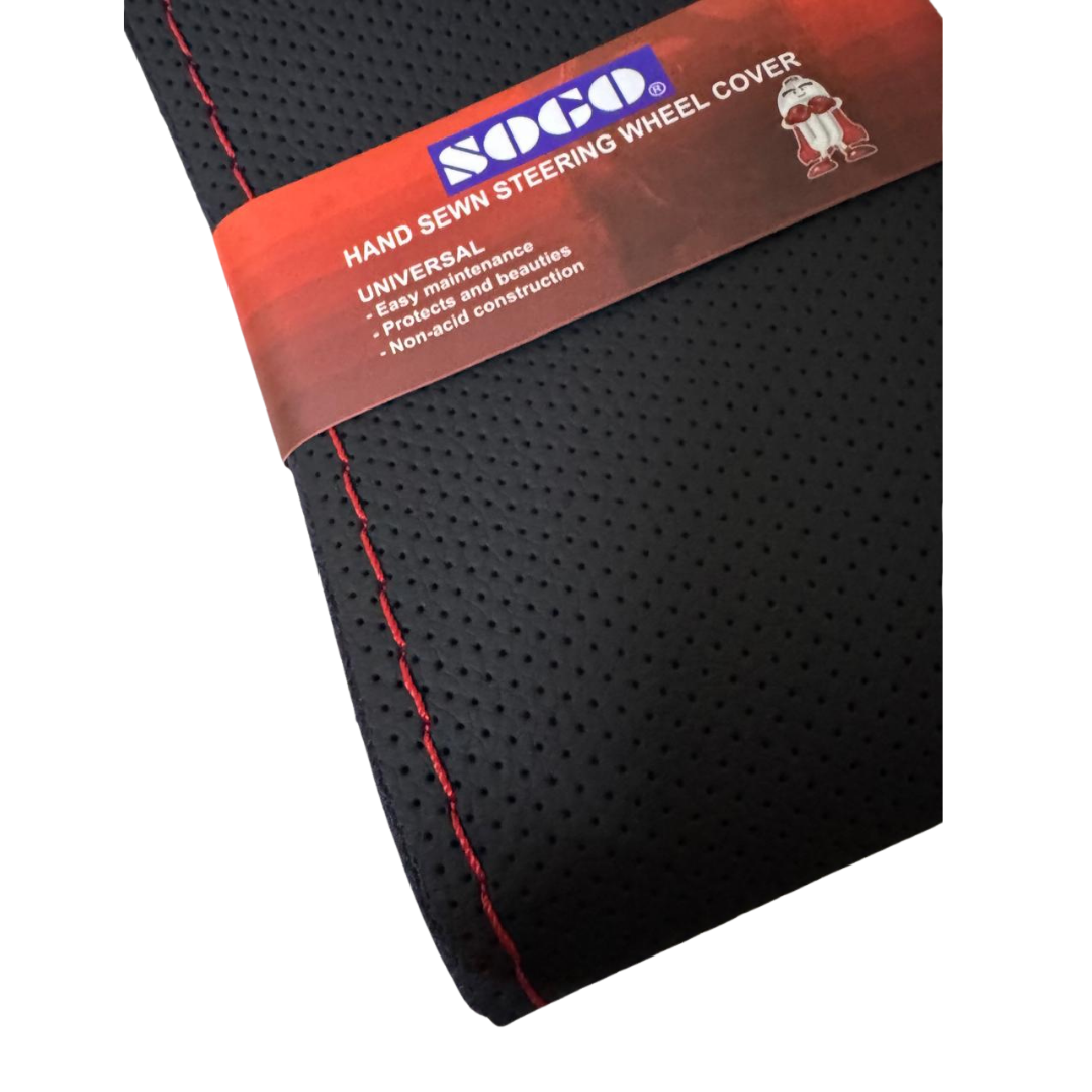 Sogo Universal Leather Steering Wheel Cover Black – Hand-Stitched with Red Thread & Needle