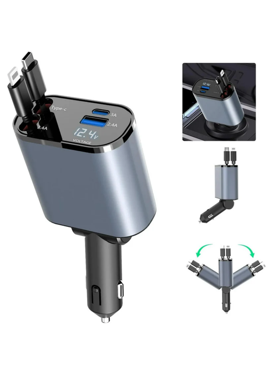 120W 4-in-1 Retractable Car Charger – Fast Charging, Smart & Compact Design