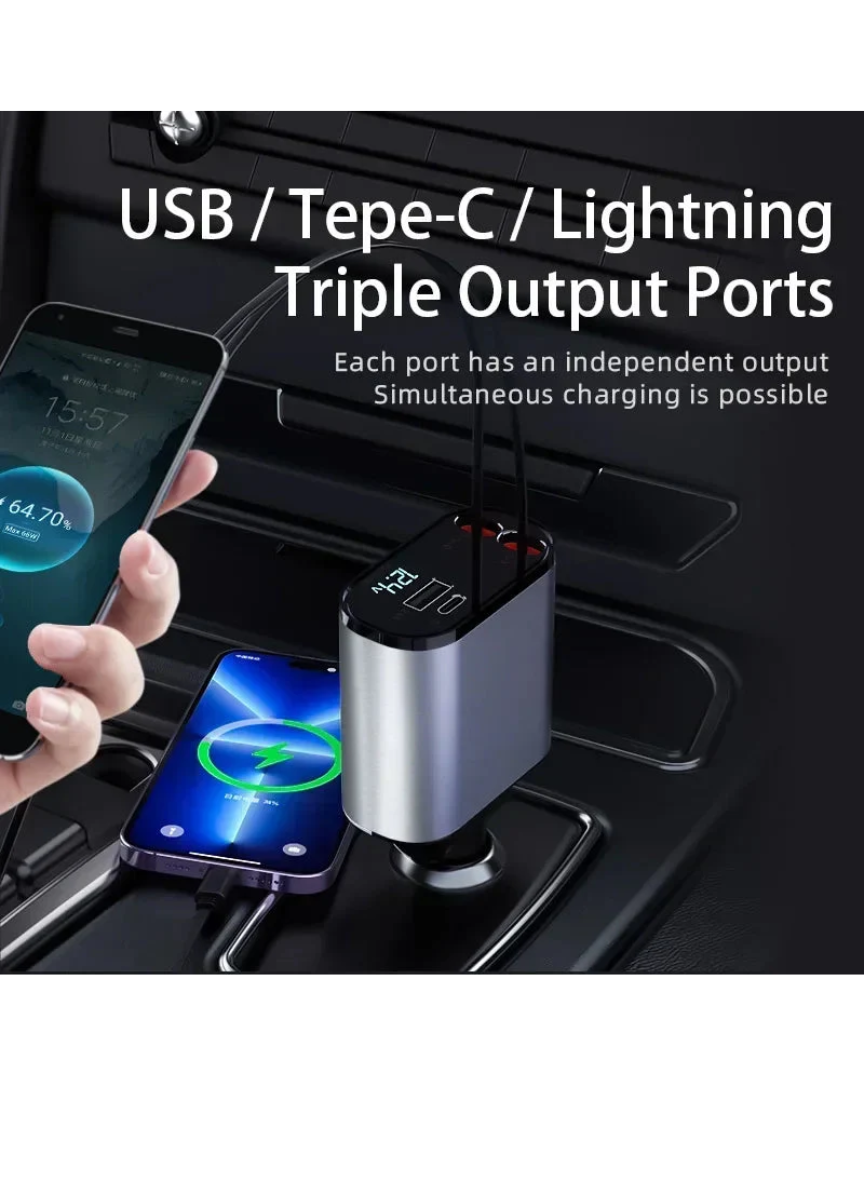 120W 4-in-1 Retractable Car Charger – Fast Charging, Smart & Compact Design
