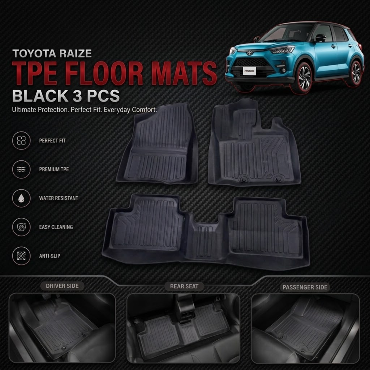 Toyota Raize TPE Floor Mats Black 3 Pcs 2020–2026