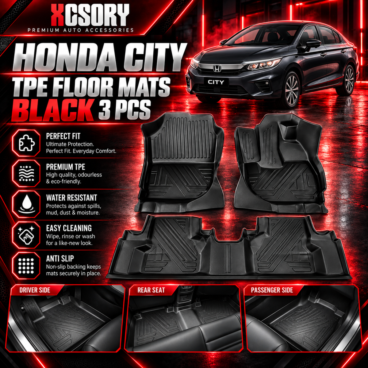Honda City TPE Floor Mats Black 3 Pcs 2009 - 2020
